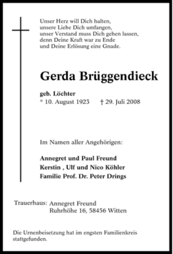 Traueranzeige von Gerda Brüggendieck von Tageszeitung