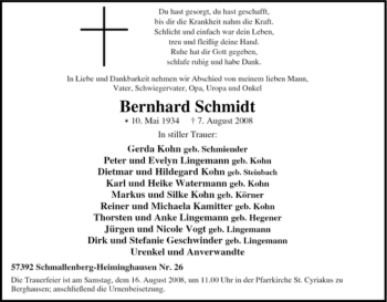 Traueranzeige von Bernhard Schmidt von Tageszeitung