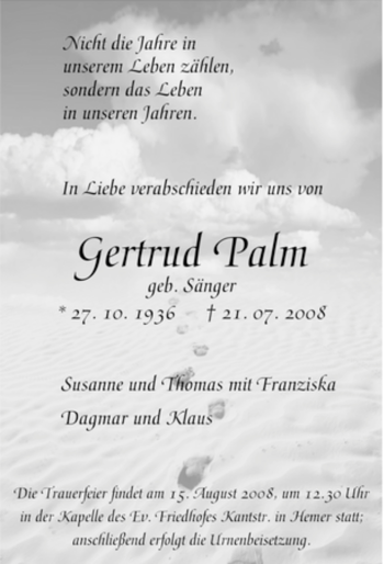 Traueranzeige von Gertrud Palm von Tageszeitung