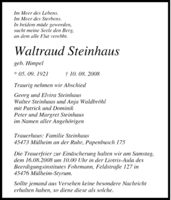 Traueranzeige von Waltraud Steinhaus von Tageszeitung