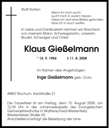 Traueranzeigen Von Klaus Gießelmann | Trauer-in-NRW.de