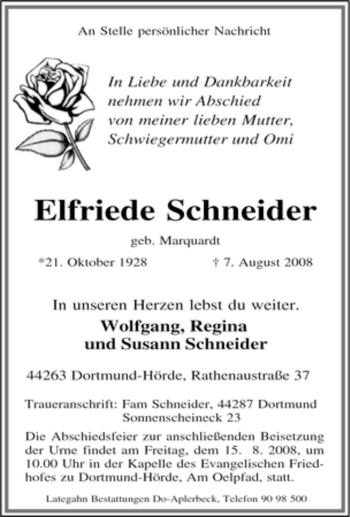 Traueranzeige von Elfriede Schneider von Tageszeitung