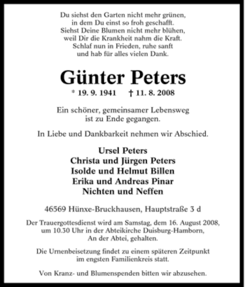 Traueranzeige von Günter Peters von Tageszeitung