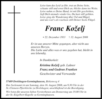 Traueranzeige von Franc Kozelj von Tageszeitung