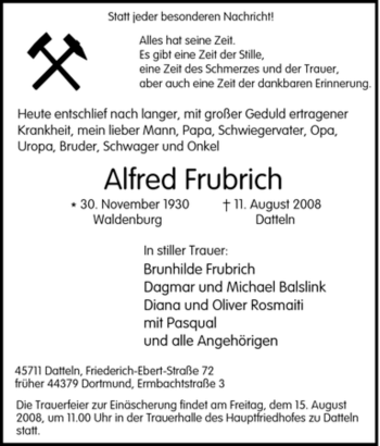 Traueranzeige von Alfred Frubrich von Tageszeitung