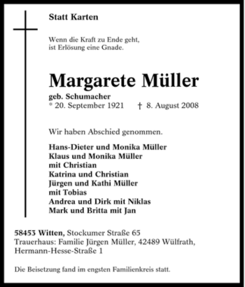 Traueranzeige von Margarete Müller von Tageszeitung