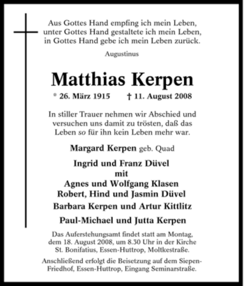 Traueranzeige von Matthias Kerpen von Tageszeitung