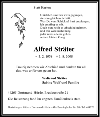Traueranzeige von Alfred Sträter von Tageszeitung