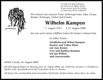 Traueranzeige von Wilhelm Kampen von Tageszeitung