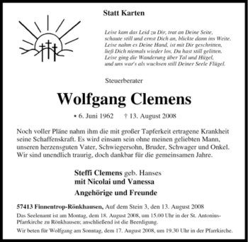 Traueranzeige von Wolfgang Clemens von Tageszeitung