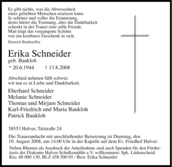 Traueranzeige von Erika Schneider von Tageszeitung