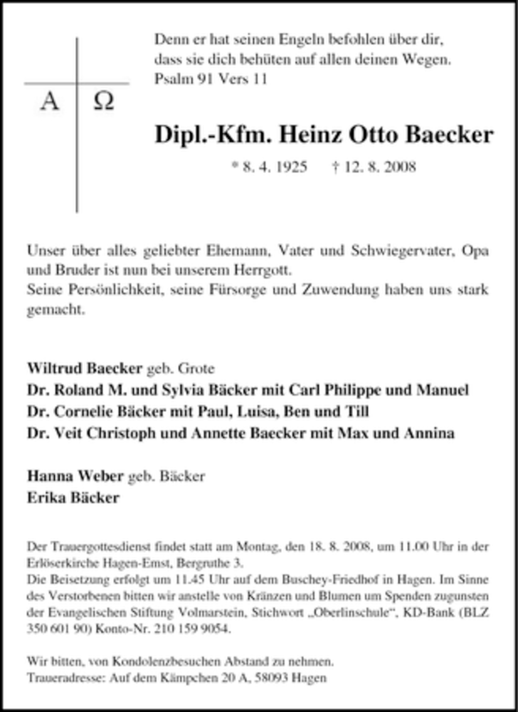  Traueranzeige für -Kfm. Heinz Otto Baecker vom 15.08.2008 aus Tageszeitung