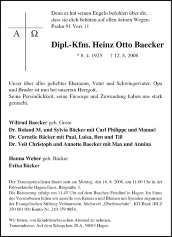 Traueranzeige von -Kfm. Heinz Otto Baecker von Tageszeitung