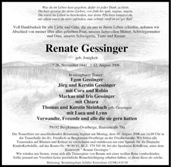 Traueranzeige von Renate Gessinger von Tageszeitung