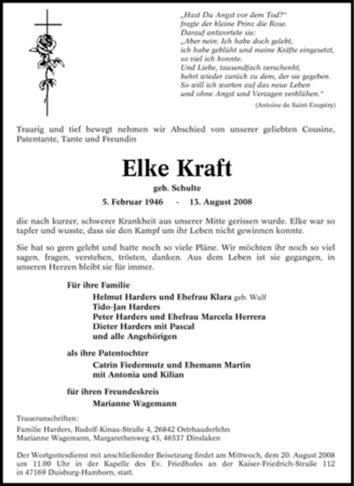  Traueranzeige für Elke Kraft vom 15.08.2008 aus Tageszeitung