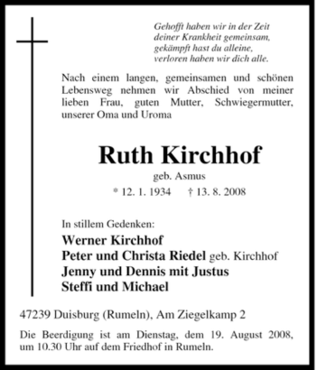 Traueranzeige von Ruth Kirchhof von Tageszeitung