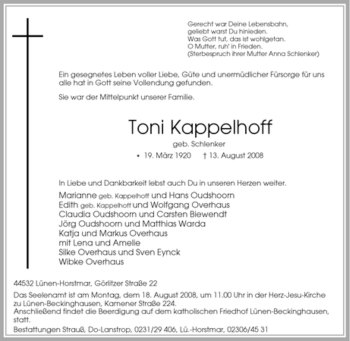Traueranzeige von Toni Kappelhoff von Tageszeitung