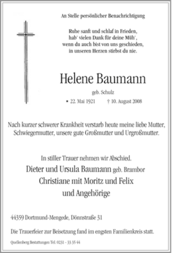 Traueranzeige von Helene Baumann von Tageszeitung
