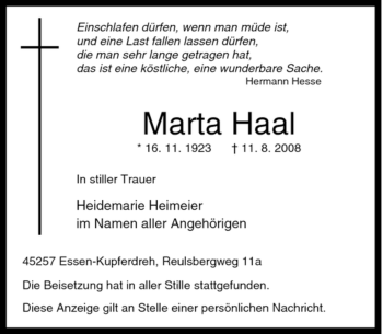 Traueranzeige von Marta Haal von Tageszeitung