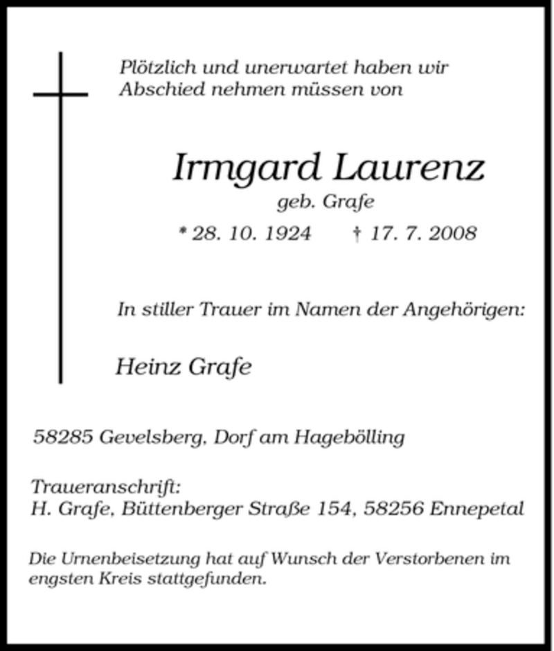 Traueranzeige für Imgard Laurenz vom 16.08.2008 aus Tageszeitung