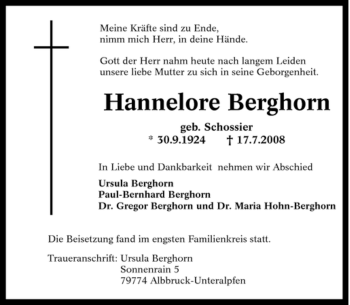 Traueranzeige von Hannelore Berghorn von Tageszeitung