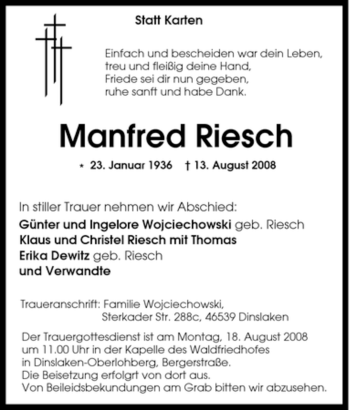 Traueranzeigen von Manfred Riesch | Trauer-in-NRW.de