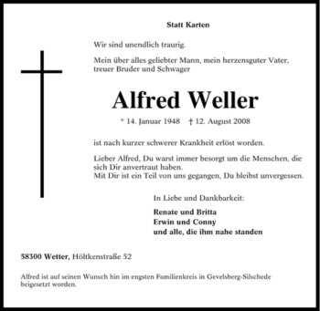 Traueranzeige von Alfred Weller von Tageszeitung