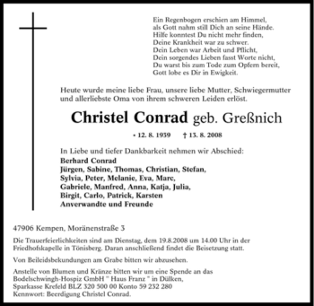 Traueranzeige von Christel Conrad von Tageszeitung