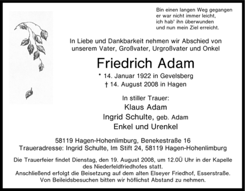  Traueranzeige für Friedrich Adam vom 16.08.2008 aus Tageszeitung
