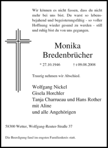 Traueranzeige von Monika Bredenbrücher von Tageszeitung