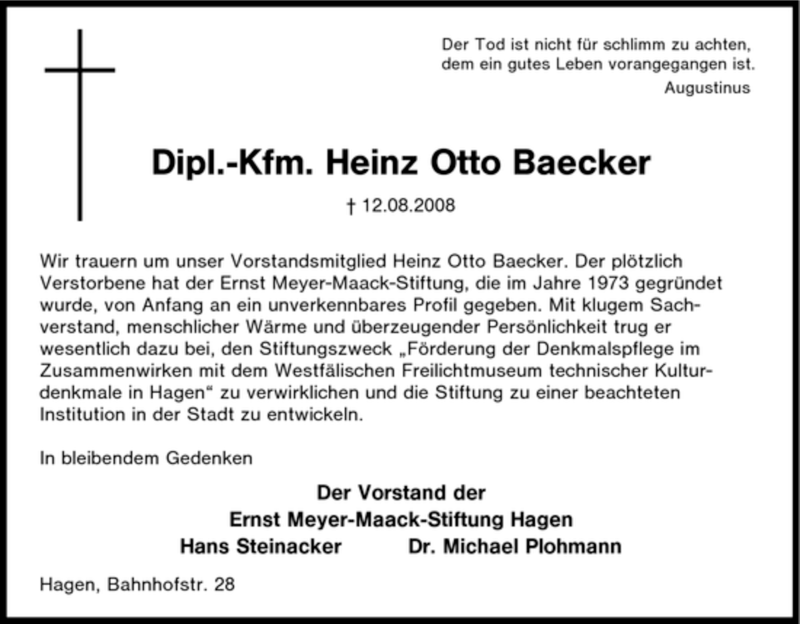  Traueranzeige für -Kfm. Heinz Otto Baecker vom 16.08.2008 aus Tageszeitung