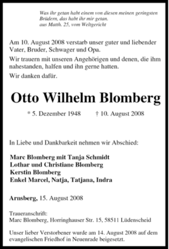 Traueranzeige von Otto Wilhelm Blomberg von Tageszeitung
