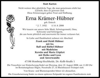 Traueranzeige von Erna Krämer-Hübner von Tageszeitung