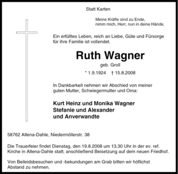 Traueranzeige von Ruth Wagner von Tageszeitung