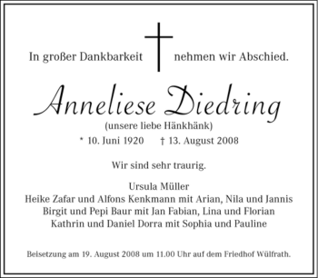 Traueranzeige von Anneliese Diedring von Tageszeitung