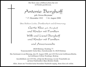 Traueranzeige von Antonie Berghoff von Tageszeitung
