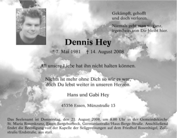 Traueranzeige von Dennis Hey von Tageszeitung