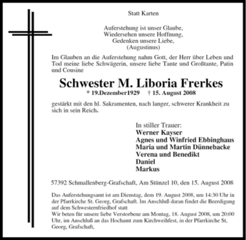 Traueranzeige von Schwester M. Liboria Frerkes von Tageszeitung