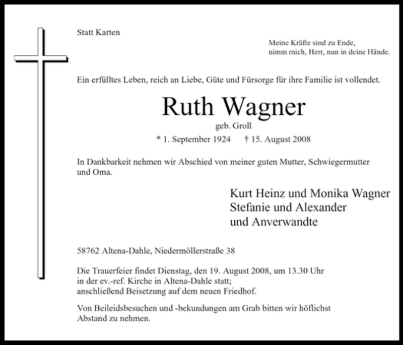  Traueranzeige für Ruth Wagner vom 16.08.2008 aus Tageszeitung