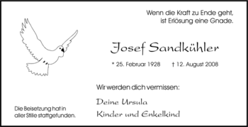 Traueranzeige von Josef Sandkühler von Tageszeitung