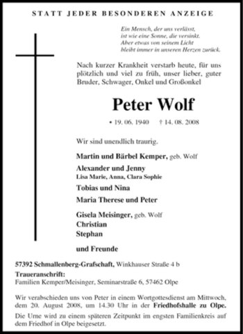 Traueranzeige von Peter Wolf von Tageszeitung