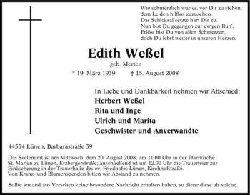 Traueranzeige von Edith Weßel von Tageszeitung