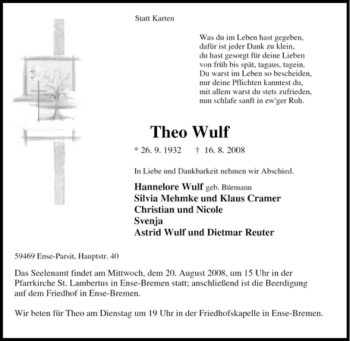 Traueranzeige von Theo Wulf von Tageszeitung