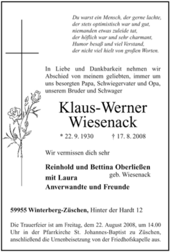 Traueranzeige von Klaus-Werner Wiesenack von Tageszeitung