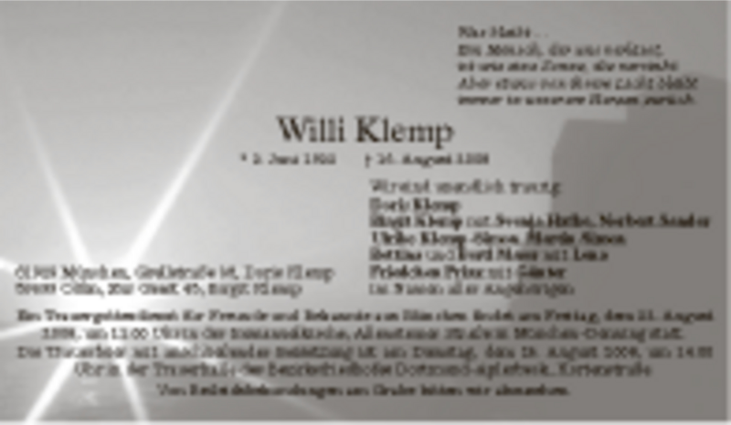  Traueranzeige für Willi Klemp vom 19.08.2008 aus Tageszeitung
