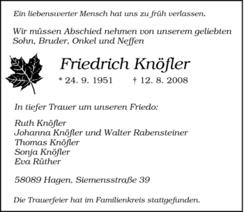 Traueranzeige von Friedrich Knöfler von Tageszeitung