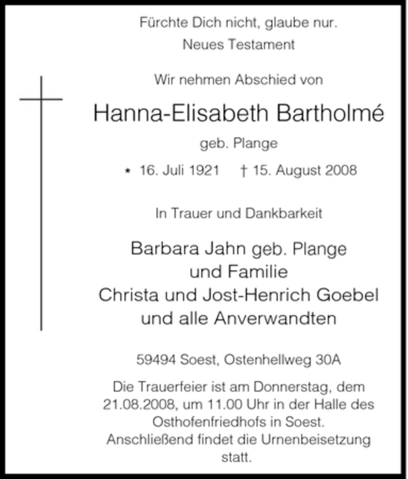  Traueranzeige für Hanna-Elisabeth Bartholmé vom 19.08.2008 aus Tageszeitung