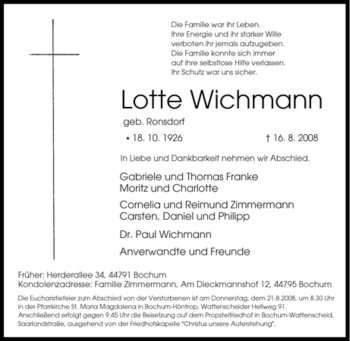 Traueranzeige von Lotte Wichmann von Tageszeitung
