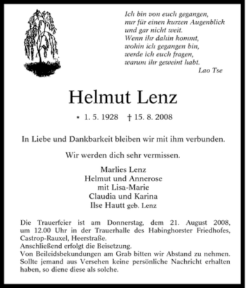 Traueranzeige von Helmut Lenz von Tageszeitung