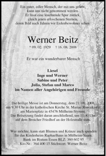 Traueranzeige von Werner Beitz von Tageszeitung